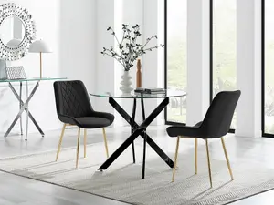 Furniturebox UK Novara 100cm Round Black Leg Dining Table & 2 Black Pesaro Gold Leg Chairs