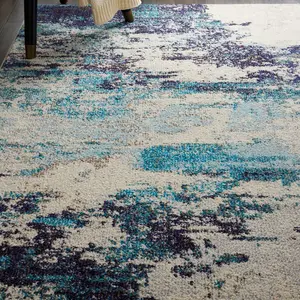 Ivory/Teal/Blue Modern Easy to Clean Abstract Graphics Rug For Dining Room -274cm X 366cm