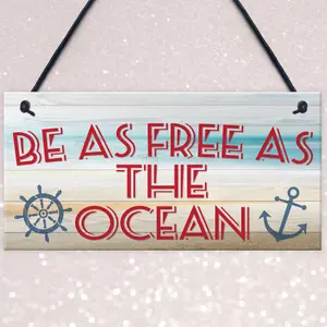 Red Ocean Free As The Ocean Nautical Seaside Marine Theme Hanging Plaque Bedroom Bathroom Door Sign