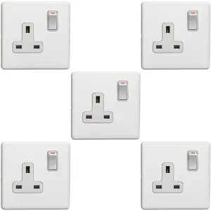 5 PACK 1 Gang DP 13A Switched UK Plug Socket SCREWLESS MATT WHITE Wall Power