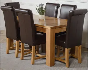 Dakota 152 x 87 cm Chunky Medium Oak Dining Table and 6 Chairs Dining Set with Washington Brown Leather Chairs