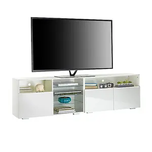 White TV Stand Cabinet 200cm with LED Lights, Storage Shelves SoundBar Shelf 55cm Tall