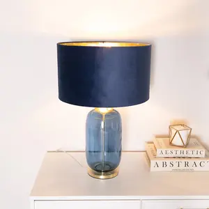 ValueLights Leigh Navy Blue and Gold Glass Table Lamp with Navy Velvet and Gold Inner Shade and LED Bulb