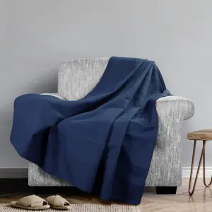 Classic Rib Cotton Throw, Sofa Bed Throw - 150 x 200 cm Fits most 2 seater Sofas Settee Arm Chair & Single Bed, Navy Blue