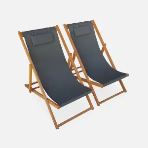 sweeek. Pair of eucalyptus deck chairs with headrest cushions Creus Anthracite 102x56x86 cm