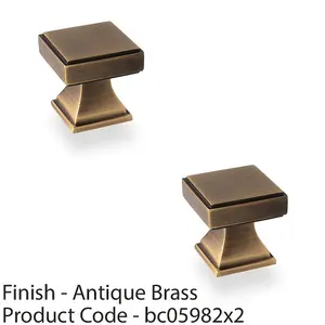 2 PACK - Chunky Square Cupboard Door Knob - 30mm - Antique Brass Kitchen Pull Handle