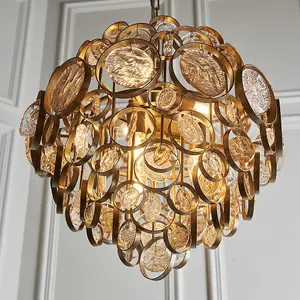 Luminosa Carbonia 6 Light Ceiling Pendant Antique Gold Paint, Clear & Amber Glass