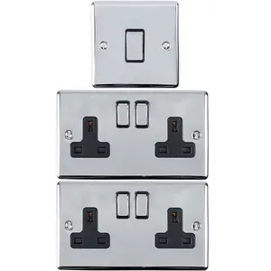 CHROME Bedroom Socket & Switch Set - 1x Light & 2x Double UK Power Sockets