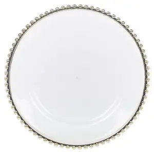 URBNLIVING 32cm Round 12 Pcs Clear Gold Rim Charger Plates Set with Metallic Beaded Coloured Rim