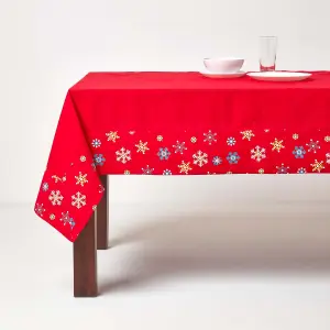 Homescapes Cotton Christmas Red Snowflake Border Tablecloth, 54 x 70 Inches