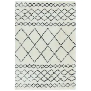 Cream Grey Geometric Luxurious Modern Shaggy Easy To Clean Rug Dining Room-80cm X 150cm