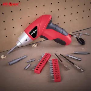 Hi-Spec 27pc 3.6V Red Compact Electric Power Screwdriver & Driver Bit Set. USB Rechargeable for Cordless Screwdriving