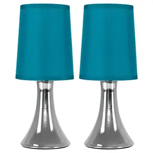 ValueLights Pair of Brushed Chrome Touch Dimmer Bedside Table Lamps with Blue Cylinder Light Shades