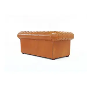 Chesterfield 2 Seater Buttoned Seat Sofa Old English Tan Real Leather In Classic Style