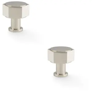 2 PACK - Industrial Hex Cabinet Door Knob - 33mm Polished Nickel Cupboard Pull Handle