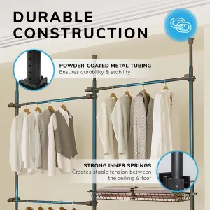 House of Home Telescopic Wardrobe Organiser Double Black Rail Clothes Rack Baskets Storage