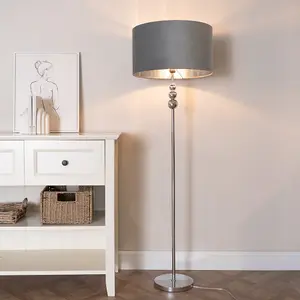 ValueLights Marissa Chrome Stacked Ball Floor Lamp with Grey Velvet with Chrome Inner Lamp Shade and LED Bulb