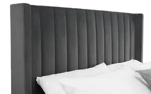 Premium - Grey Scalloped Velvet Ottoman Bed - King 5ft (150cm)