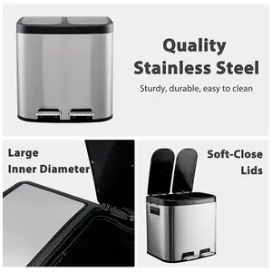 Stainless Steel Dual Rubbish Bin 2-Compartment Metal Pedals Bin with Lids 2x15L