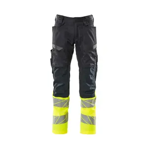 Mascot Accelerate Safe Trousers with Kneepad Pockets - Dark Navy/Hi-Vis Yellow   (38.5) (Leg Length - Long)