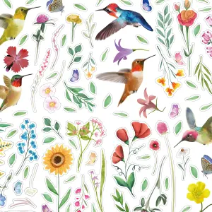 Huge Hummingbirds with Watercolour Wildflower Meadow Spring Window Clings