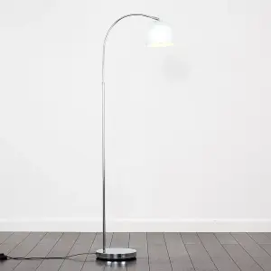 ValueLights Polished Chrome Curved Stem Floor Lamp With Gloss White Metal Dome Light Shade