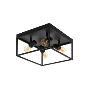 Flush Ceiling Light Colour Black Open Metal Frame Box & Holders Bulb E27 4x40W