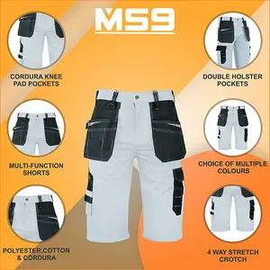 MS9 Mens Work Redhawk Cargo Combat Holster Pockets Tactical Worker Working Shorts E1, White - 40W