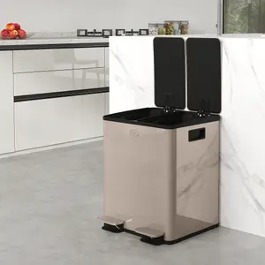 HOMCOM 2 x 20L Dual Kitchen Bin Pedal Bin for Recycling and Waste, Gold Tone