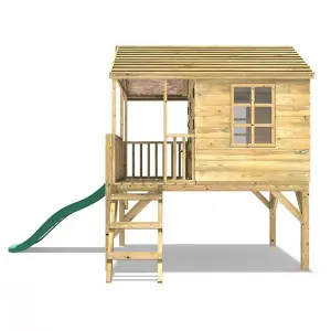 Rebo 5FT x 5FT Childrens Wooden Garden Playhouse on Deck with 6ft Slide - Falcon Green