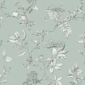 Laura Ashley Elderwood Duck egg Floral Smooth Wallpaper Sample