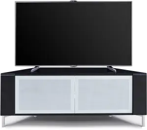 MDA Designs CORVUS Corner-Friendly Black Cabinet with White BeamThru Glass Doors for Flat Screen TVs up to 50"