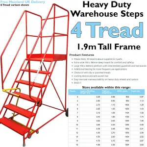 4 Tread HEAVY DUTY Mobile Warehouse Stairs -Punched Steps- 1.9m Safety Ladder