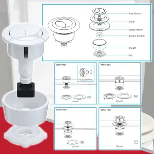 SPARES2GO Universal Toilet Cistern Dual Flush Push Button Kit for 20mm 40mm 50mm 60mm Lid Hole (Gloss White)