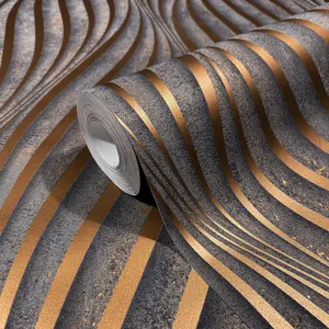 Galerie The New Design Book Black/Copper Sheen Wave Ribbons Wallpaper Roll