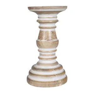 Rustic Antique Carved Wooden Pillar Church Candle Holder Natural, Medium 19cm high