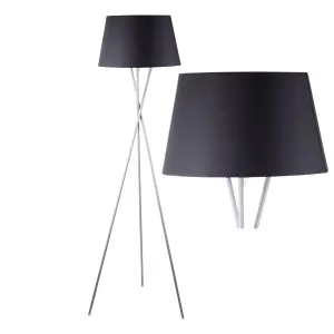 First Choice Lighting Grey Tripod Floor Lamp with Black Fabric Shade