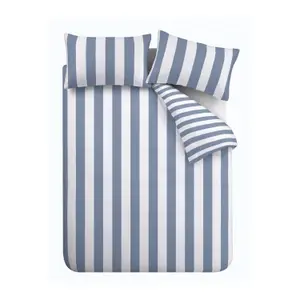 Catherine Lansfield Cove Stripe Reversible Duvet Cover Set with Pillowcase Blue