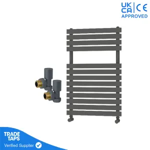 Designer Delta Anthracite Flat Panel Towel Radiator Heated Ladder Rail - 780 x 500mm - Angled Manual Round Valve Pair