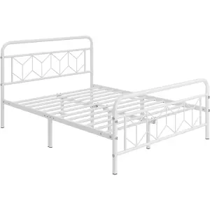 Yaheetech White 4ft6 Double Metal Bed Frame with Diamond Pattern Headboard and Footboard