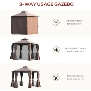 Outsunny 3 x 3(m) Gazebo Canopy 2 Tier Patio Shelter Steel for Garden Brown