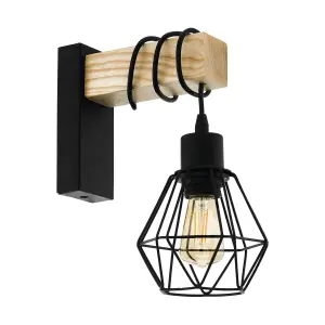 EGLO Townshend 5 Black/Natural Wood Wall Light - Vintage Industrial Style 44078 (D) 24cm