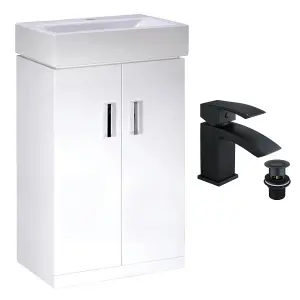 450mm Gloss White 2 Door Floorstanding Vanity Basin Sink Unit & Matt Black Lucia Waterfall Tap & Waste