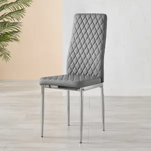 Set of 6 Milan Elephant Grey High Back Soft Touch Diamond Pattern Faux Leather Chromed Metal Leg Dining Chairs