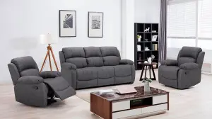 Alaska Grey Suede Fabric 3 Piece Sofa Suite Manual Reclining Armchairs + Static 3 Seater Seater Sofa High Back