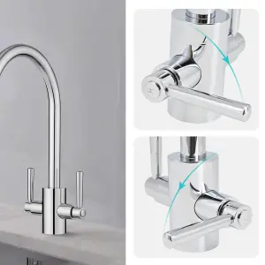 JASSFERRY Swan Neck Kitchen Mixer Tap Two Levers Quarter Turn Handle Chrome