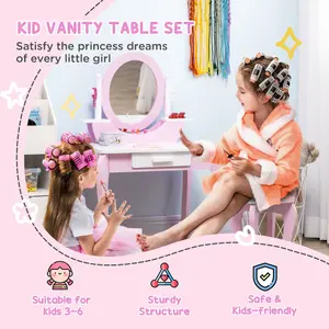 ZONEKIZ Kids Dressing Table Set, Kids Vanity Set w/ Drawer - Pink