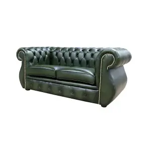 Chesterfield Original 2 Seater Sofa Antique Green Real Leather In Kimberley Style