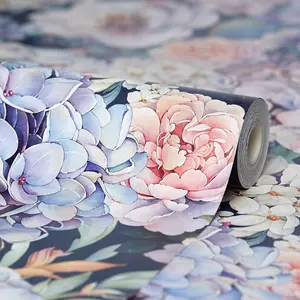 Hydrangea Bouquet Wallpaper in Soft Pastels on Navy