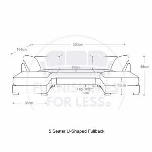 Bishop U-Shape Fabric 5 Seater Sofa Alaska Fabric Grey Full Back - 335cm Long